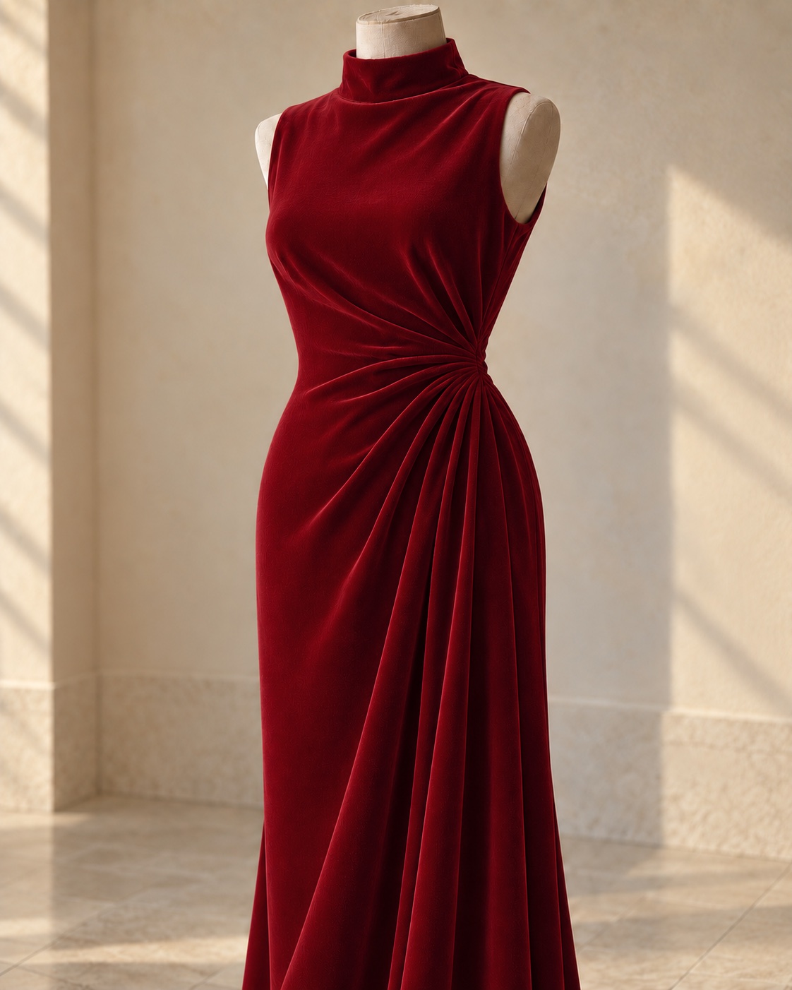 Red cotton velvet evening gown (ref. 3219) on an atelier dress form