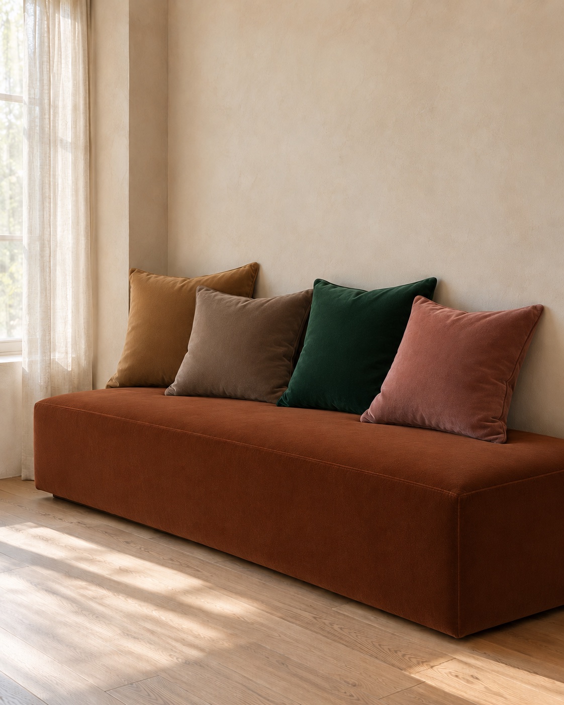 Bench upholstered in tobacco velvet (ref. 3325) with coloured velvet cushions
