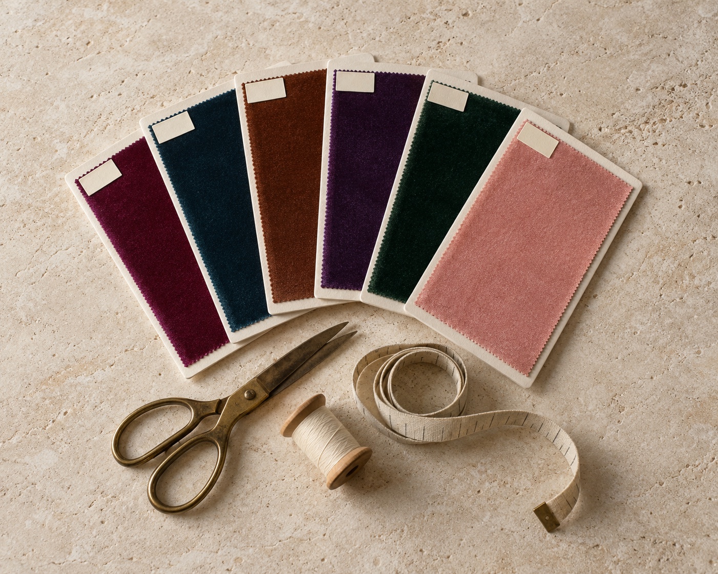 Cotton velvet swatches from the five colour families fanned out beside tailor's shears