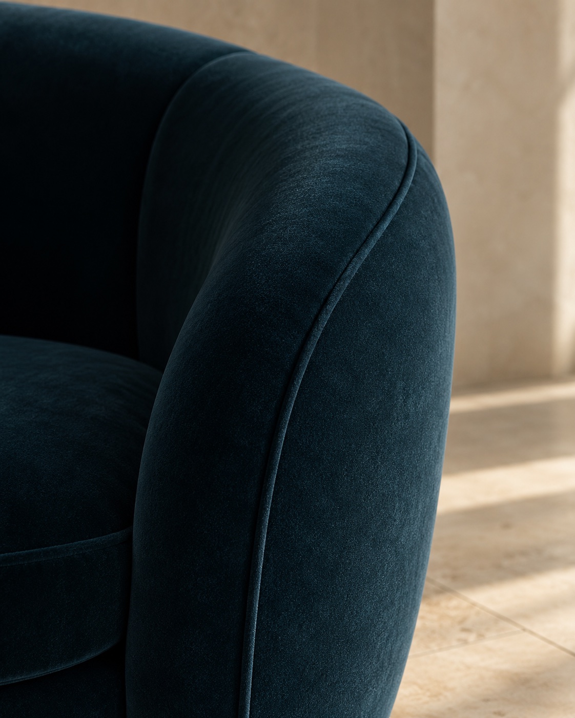 Armchair upholstered in midnight blue 3500 velvet (ref. 3784), detail of the piped arm